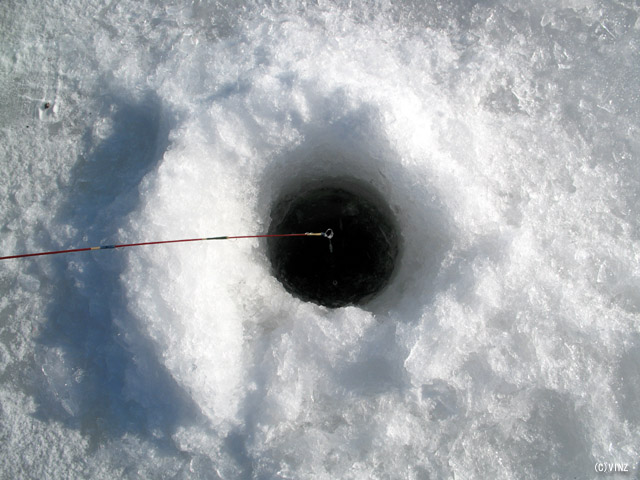 雪景色 北海道 道東 達古武沼 ワカサギ釣り 湖面に明けた穴から釣る、通称「穴釣り」
